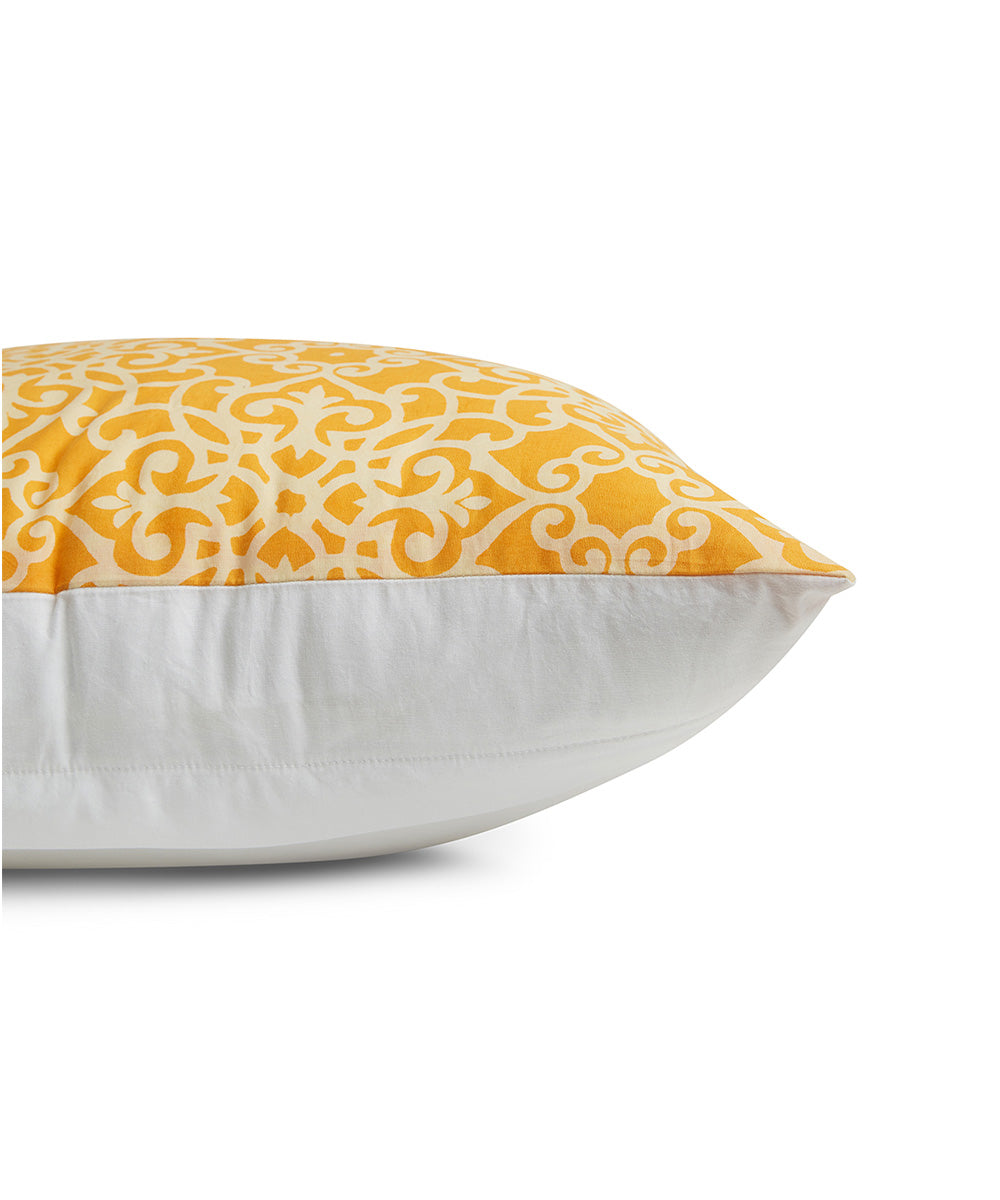 Yellow white handblock print cotton cushion cover