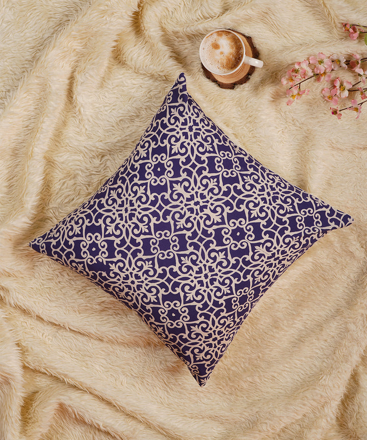 Dark blue white handblock print cotton cushion cover