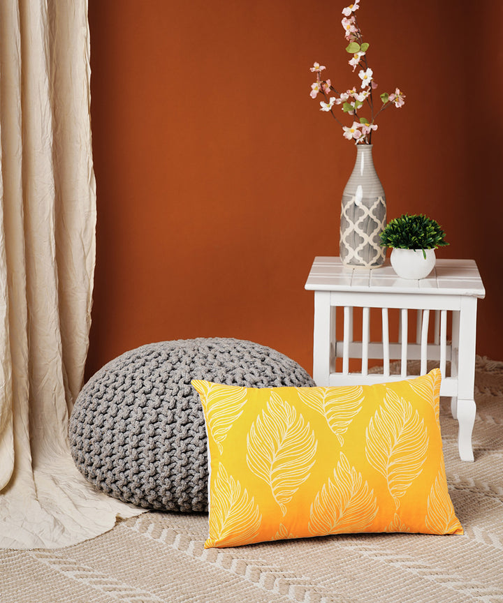 Yellow white handblock print cotton cushion cover