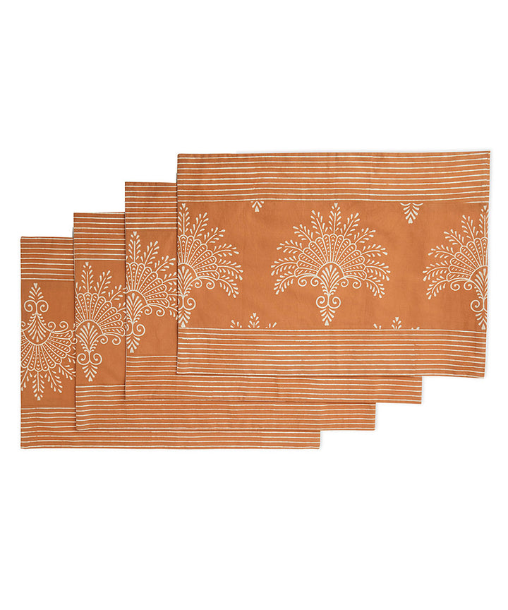 Brown white handblock print cotton table mat set of 4