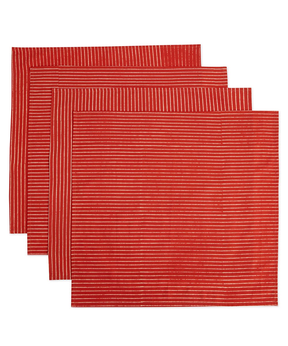 Red handblock print cotton table napkin set of 4