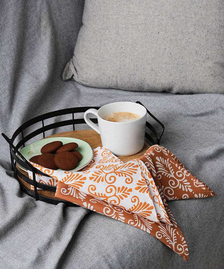 Brown white handblock print cotton napkin set of 4