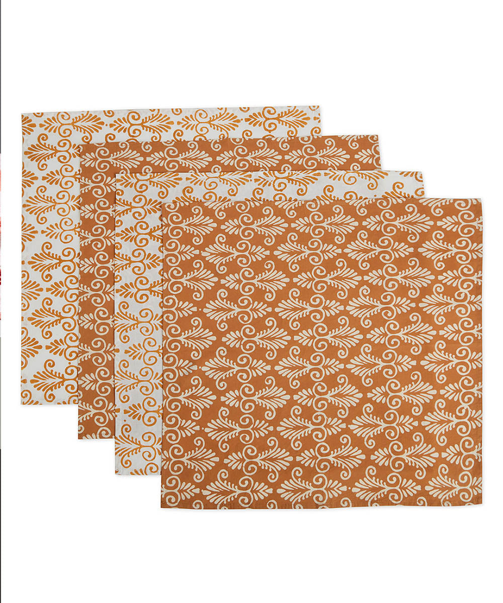 Brown white handblock print cotton napkin set of 4