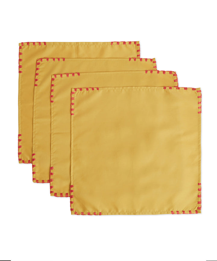 Mustard red hand embroidered cotton napkin set of 4