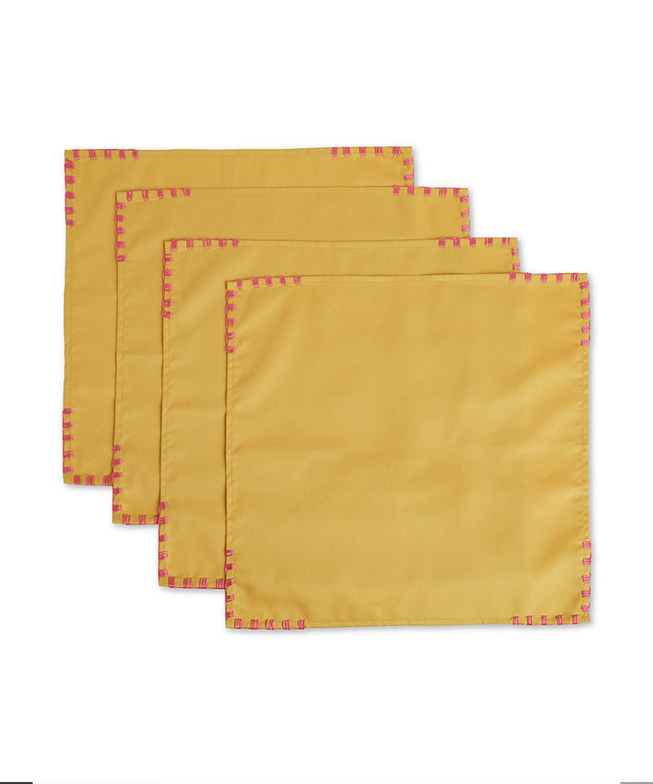 Mustard pink hand embroidered cotton napkin set of 4