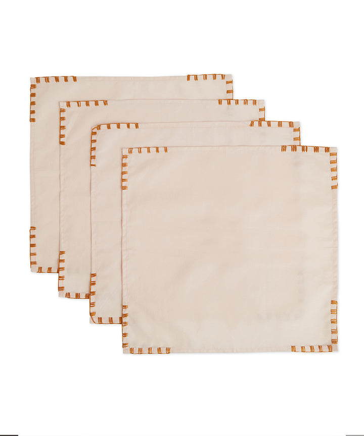 Off white brown hand embroidered cotton napkin set of 4