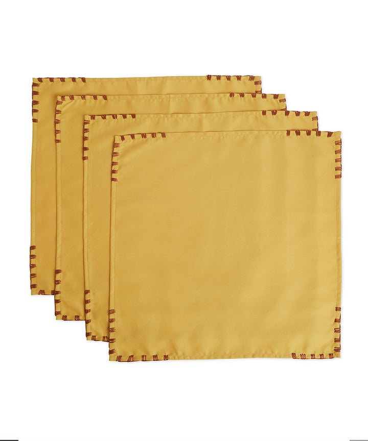 Mustard brown hand embroidered cotton napkin set of 4