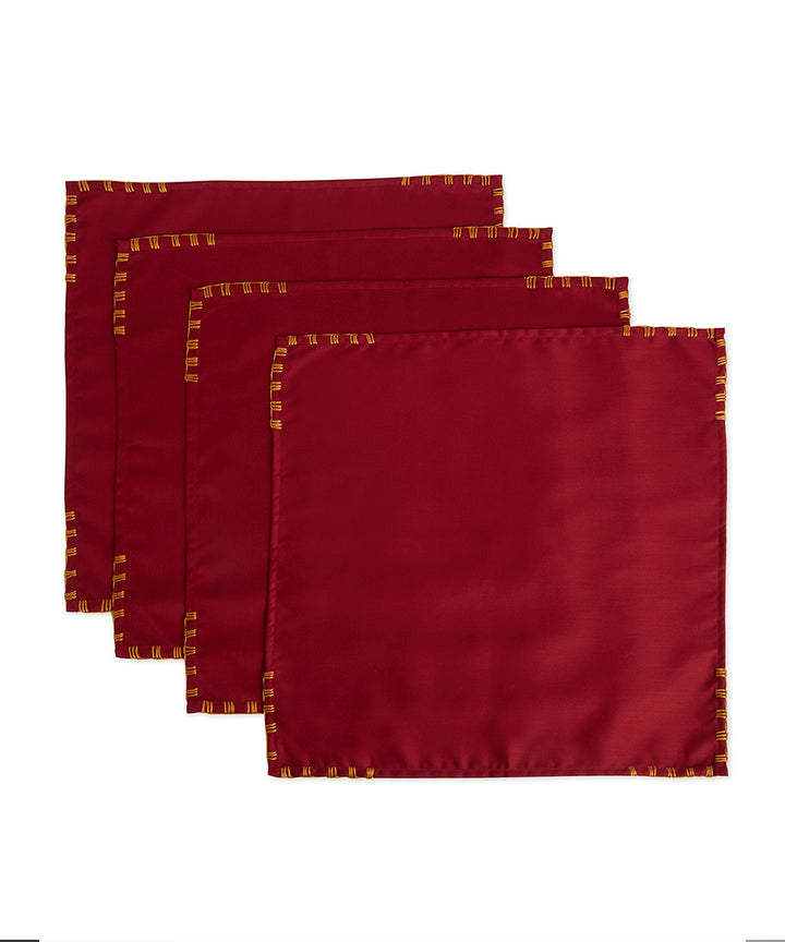 Maroon mustard hand embroidered cotton napkin set of 4