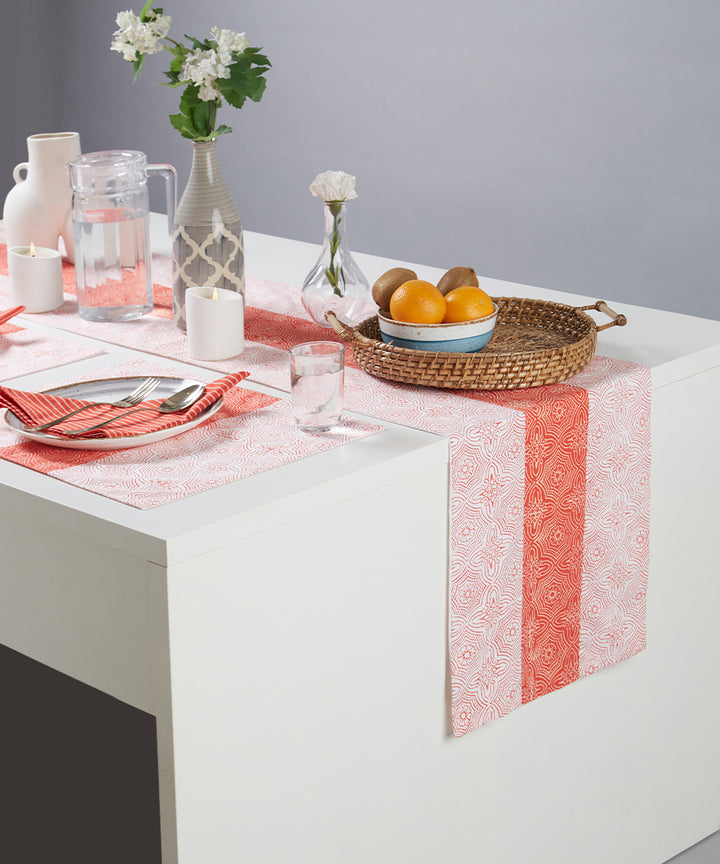 Red white handblock print cotton table runner