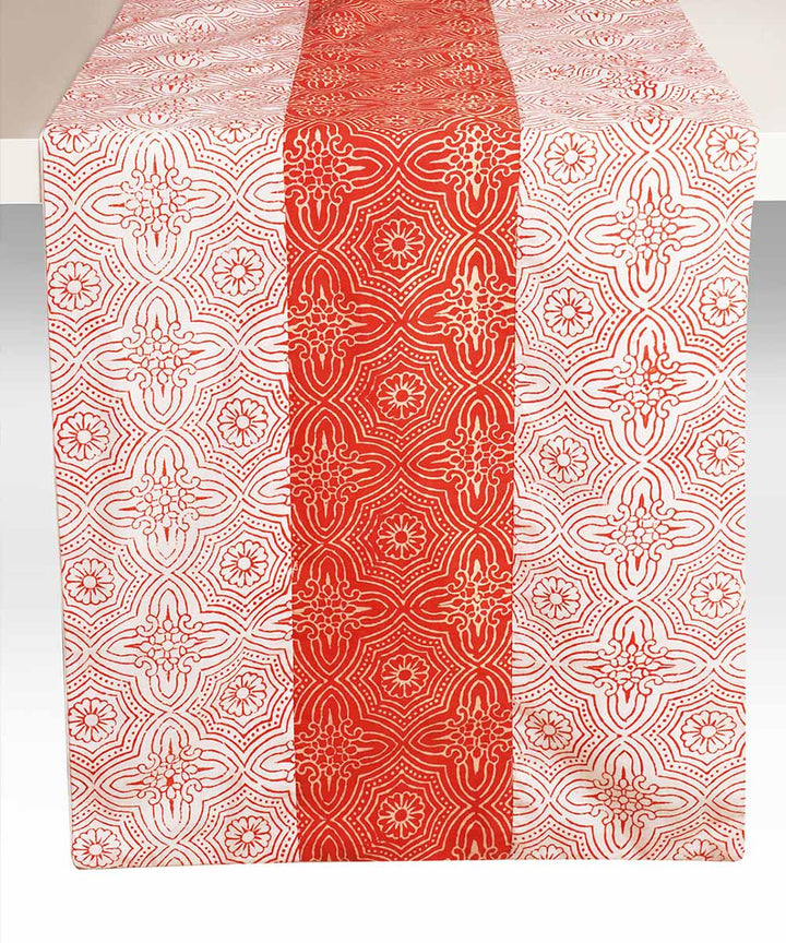 Red white handblock print cotton table runner