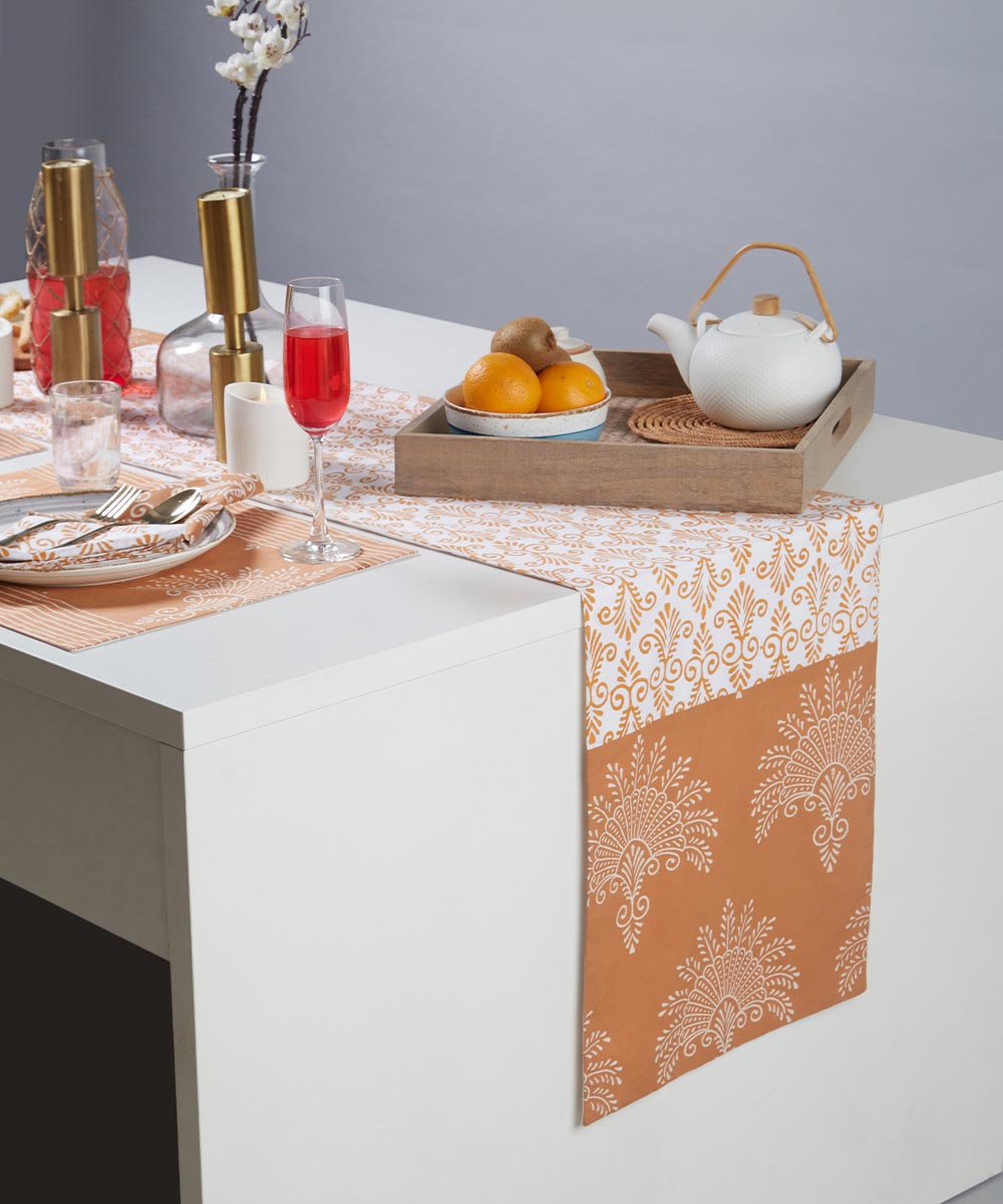 Brown white handblock print cotton table runner