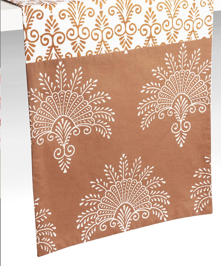 Brown white handblock print cotton table runner