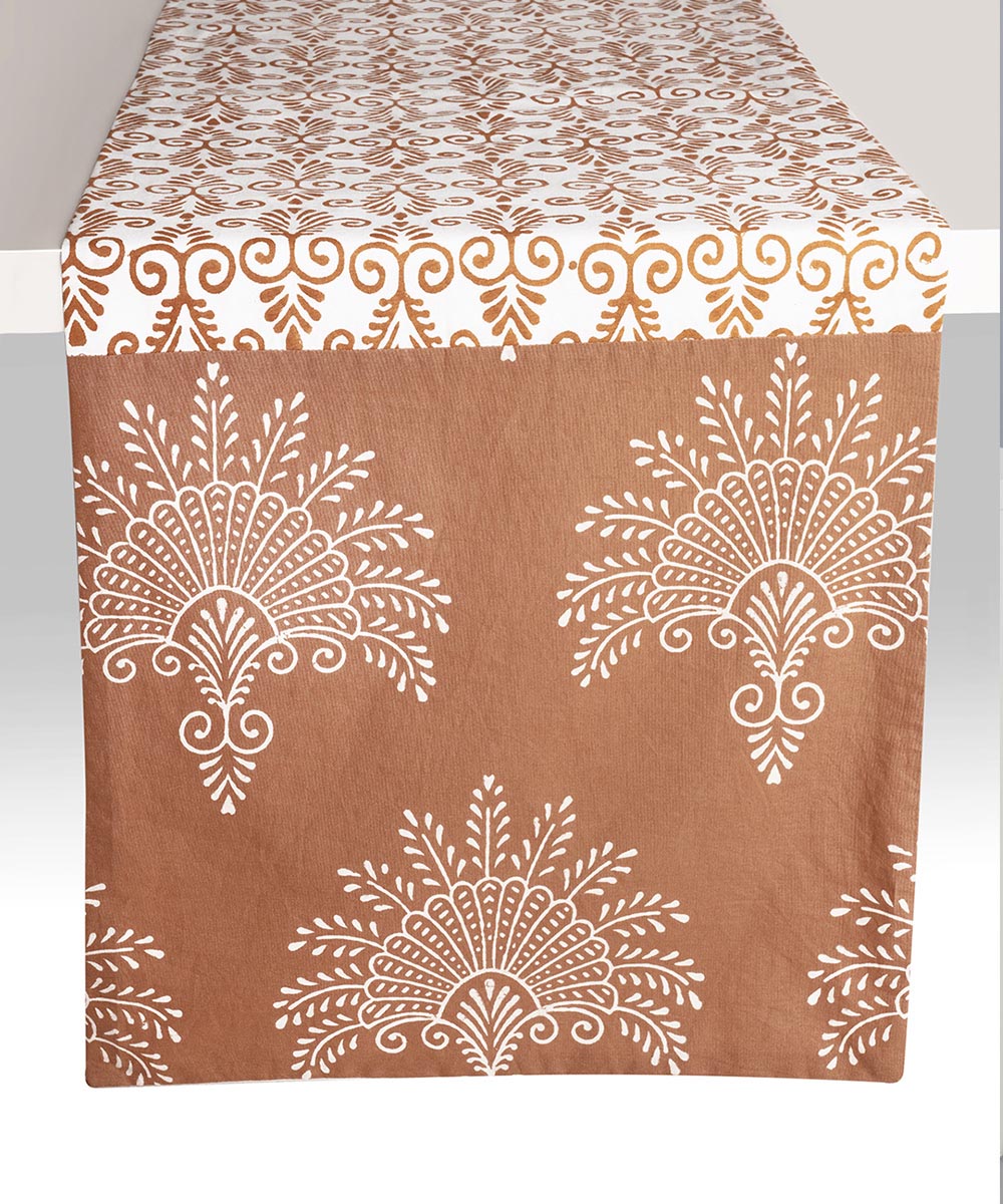 Brown white handblock print cotton table runner