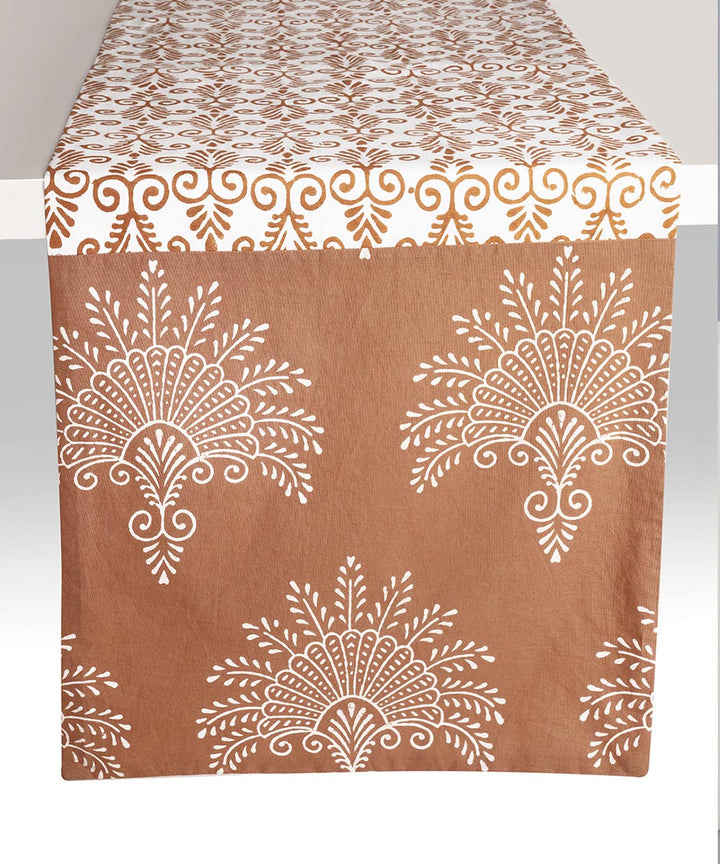 Brown white handblock print cotton table runner