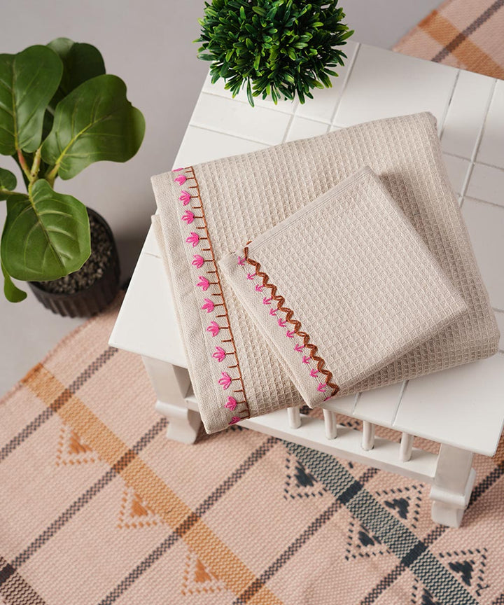 Beige pink hand embroidery cotton bathing towel