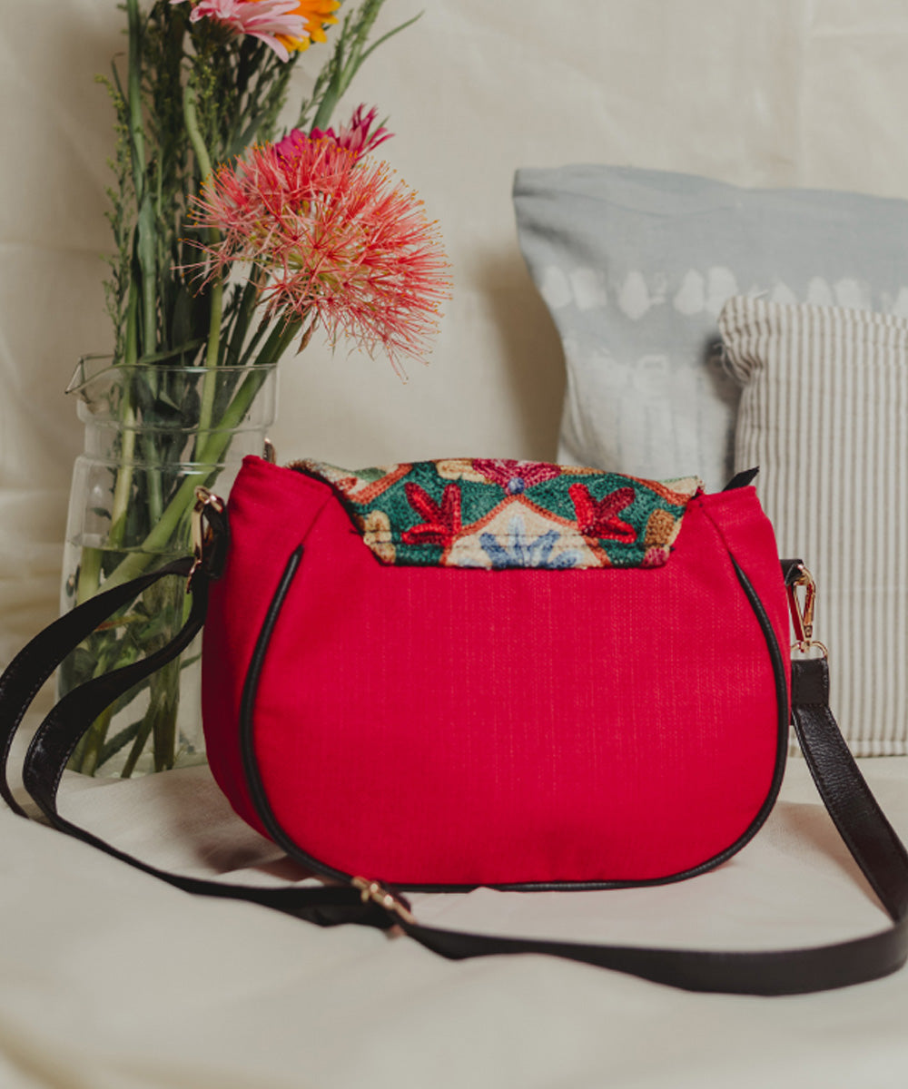 Red hand embroidered kashmiri canvas sling bag