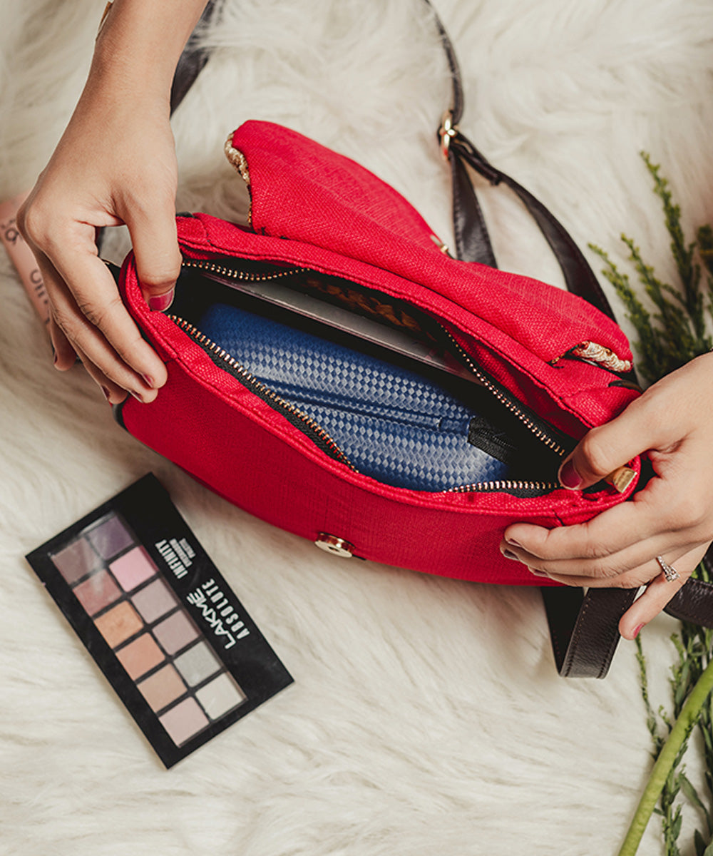 Red hand embroidered kashmiri canvas sling bag