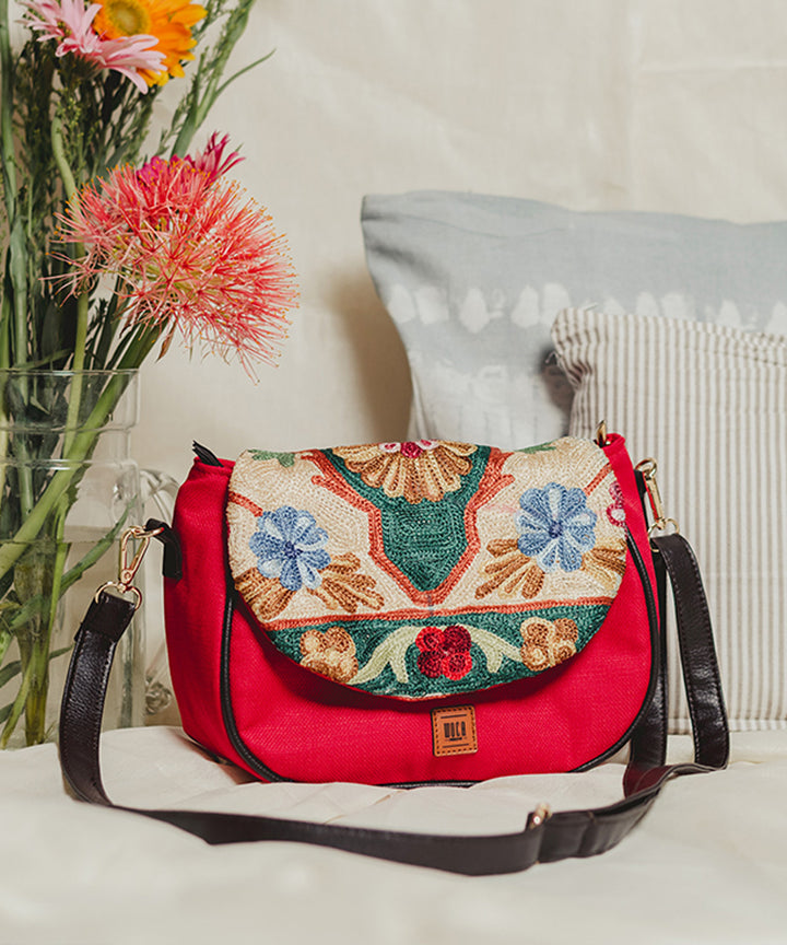 Red hand embroidered kashmiri canvas sling bag