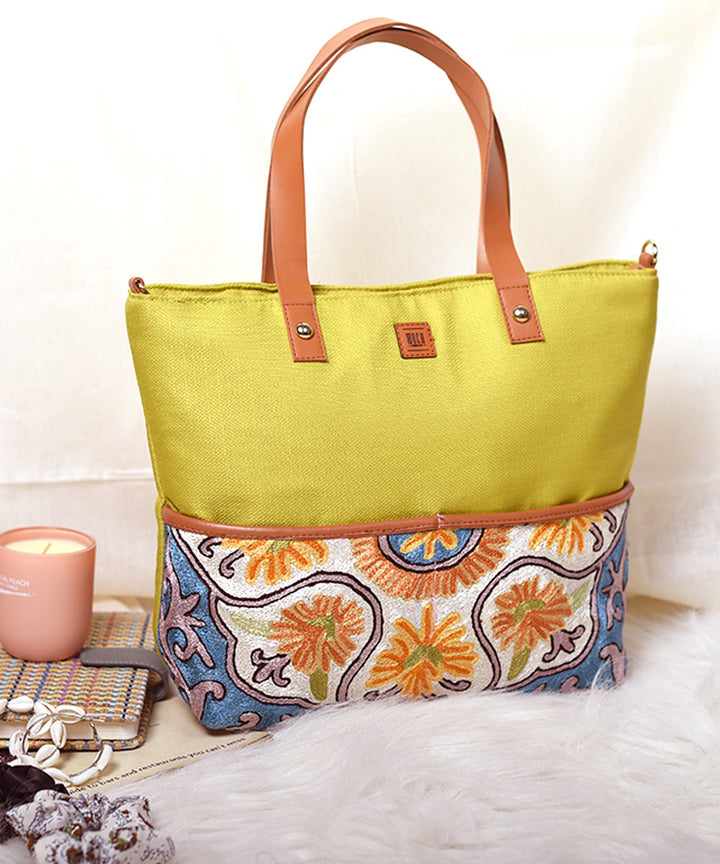 Lime green hand embroidered kashmiri canvas hand bag