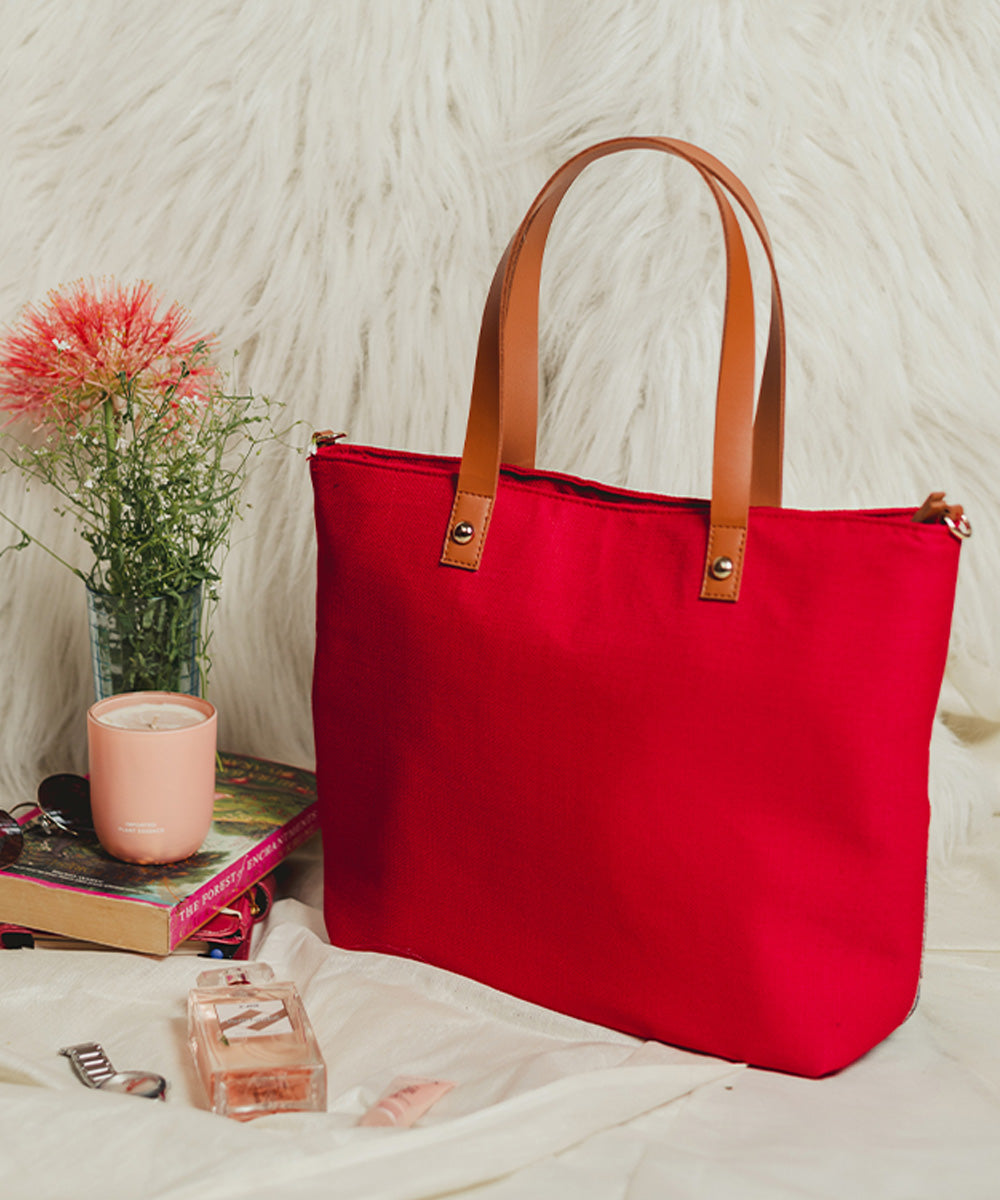 Red hand embroidered kashmiri canvas hand bag