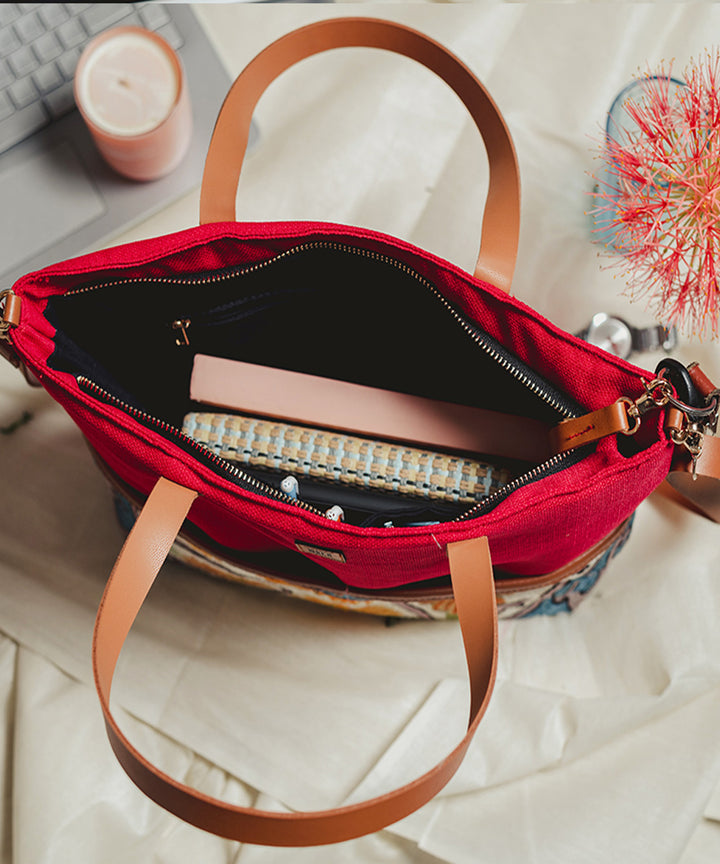 Red hand embroidered kashmiri canvas hand bag