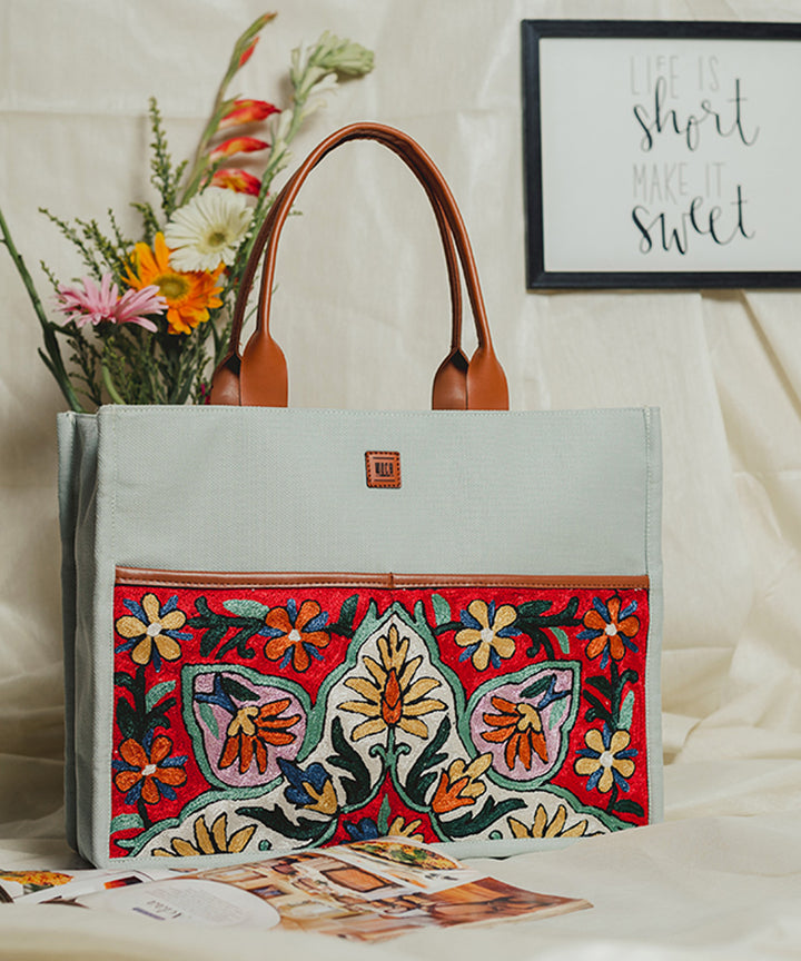 Multicolor hand embroidered kashmiri canvas hand bag