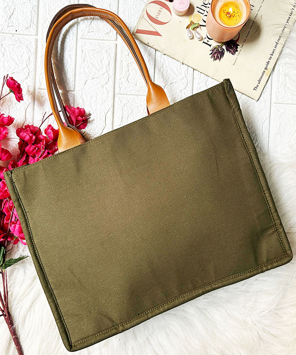 Olive green embroidered kashmiri canvas hand bag