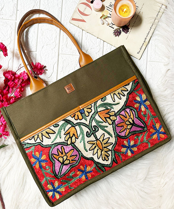 Olive green embroidered kashmiri canvas hand bag