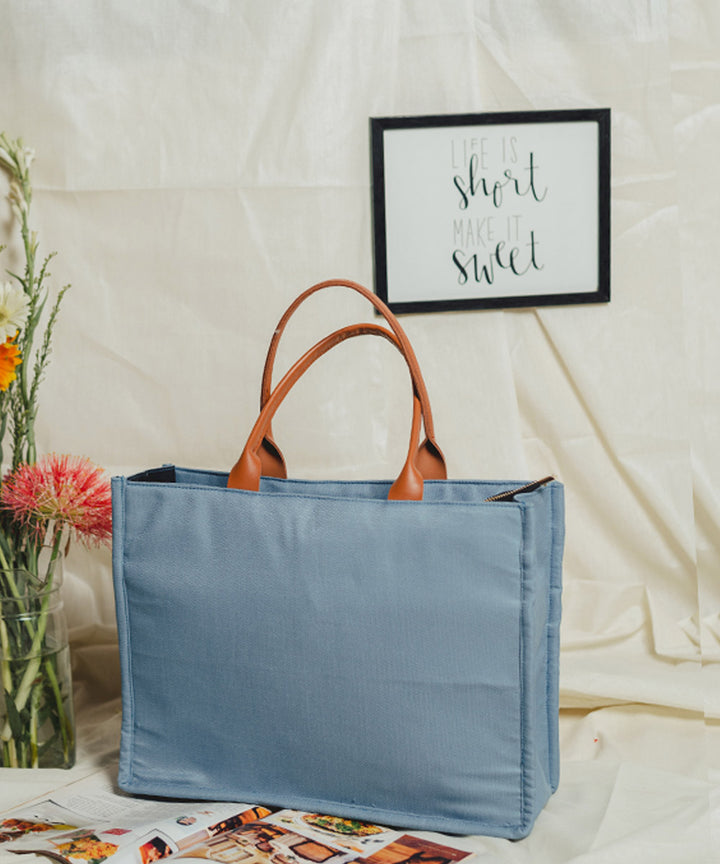 Sky blue hand embroidered kashmiri canvas handbag bag