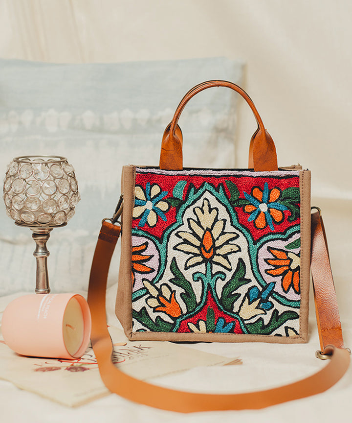 Beige multicolor hand embroidered kashmiri canvas sling bag