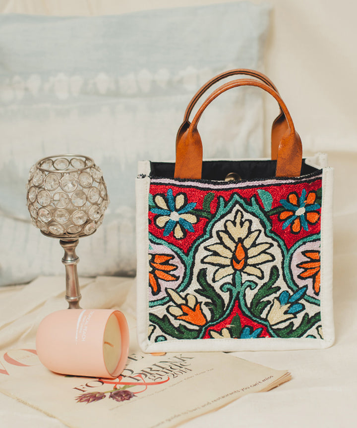 White hand embroidered kashmiri canvas sling bag