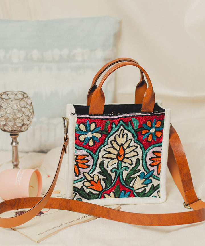 White hand embroidered kashmiri canvas sling bag