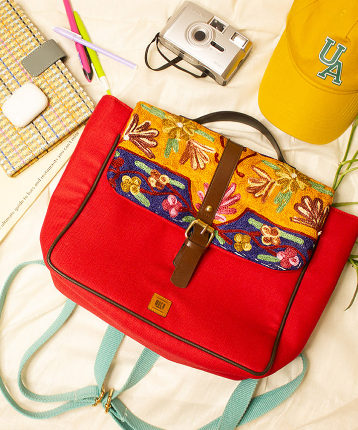 Red hand embroidered kashmiri canvas backpack bag