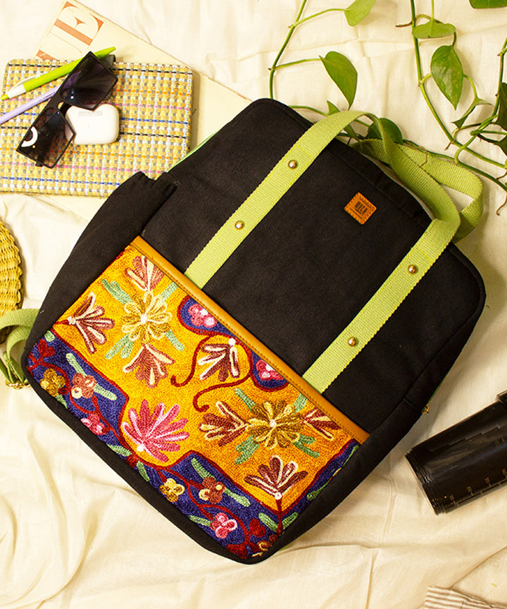 Black hand embroidered kashmiri canvas backpack bag