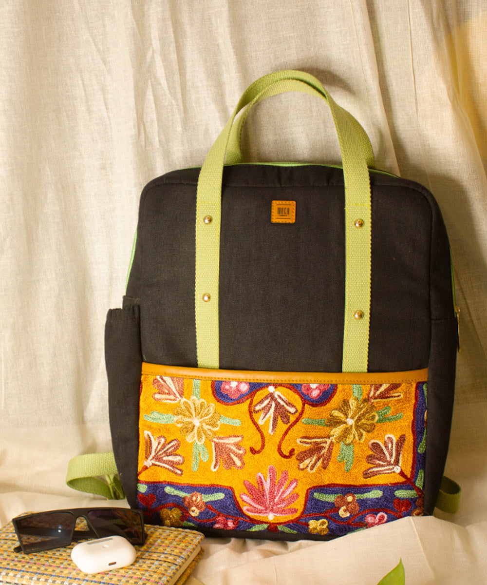 Black hand embroidered kashmiri canvas backpack bag