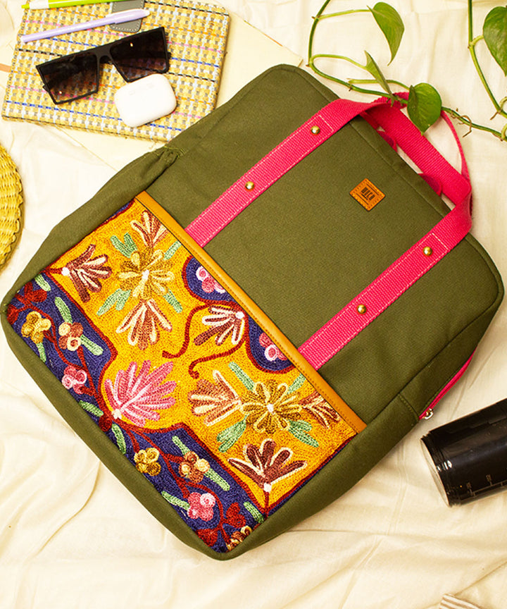 Light green hand embroidered kashmiri canvas backpack bag