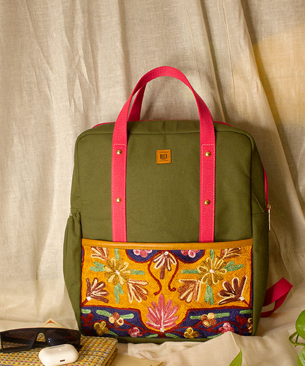 Light green hand embroidered kashmiri canvas backpack bag