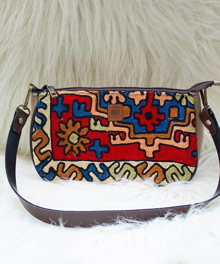 Multicolor hand embroidered kashmiri suede hand bag