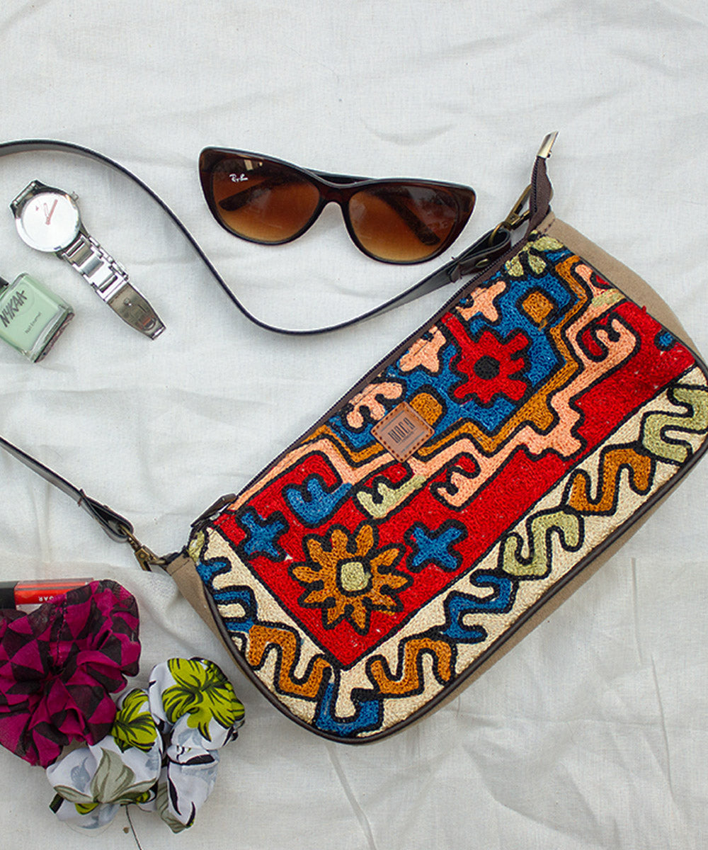 Multicolor hand embroidered kashmiri suede hand bag