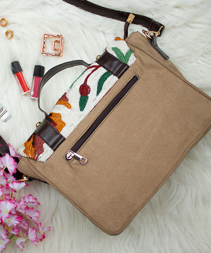 Beige hand embroidered kashmiri suede sling bag