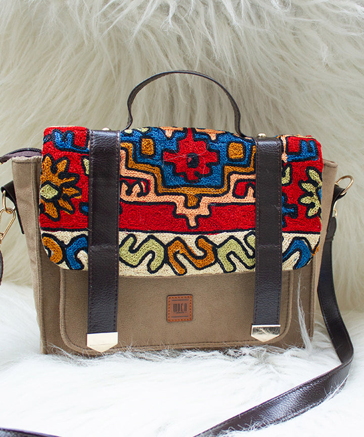 Beige hand embroidered kashmiri suede  sling bag