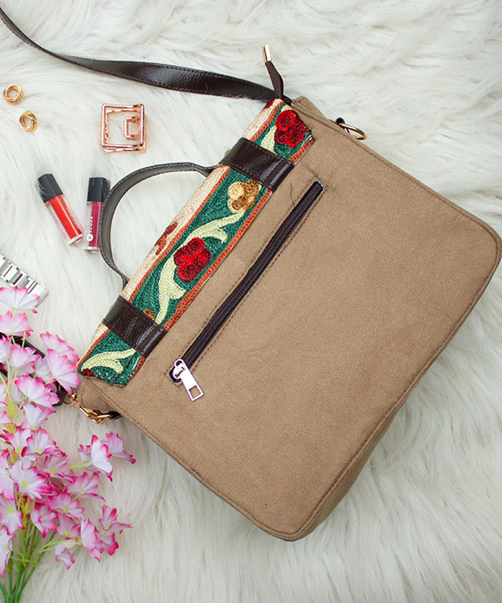 Beige embroidered kashmiri canvas sling bag