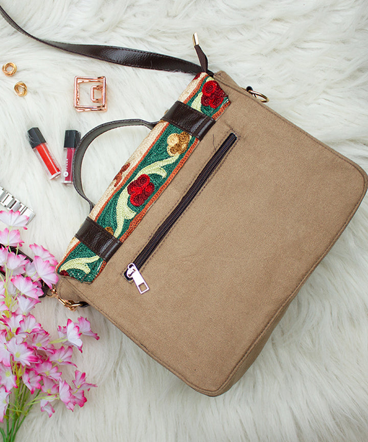 Beige embroidered kashmiri canvas sling bag