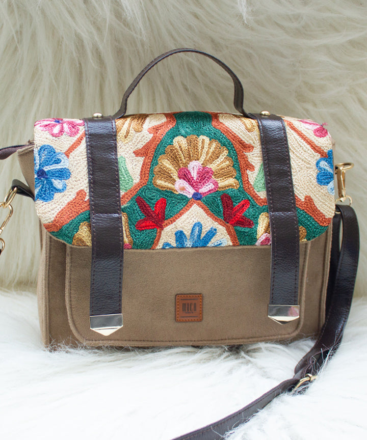 Beige embroidered kashmiri canvas sling bag