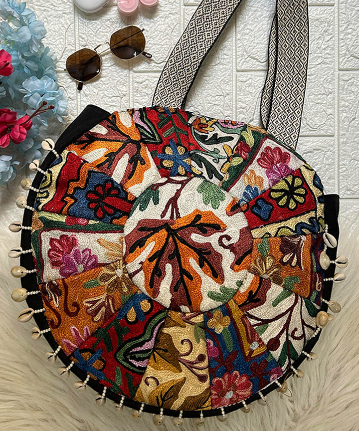 Black hand embroidered kashmiri canvas hand bag