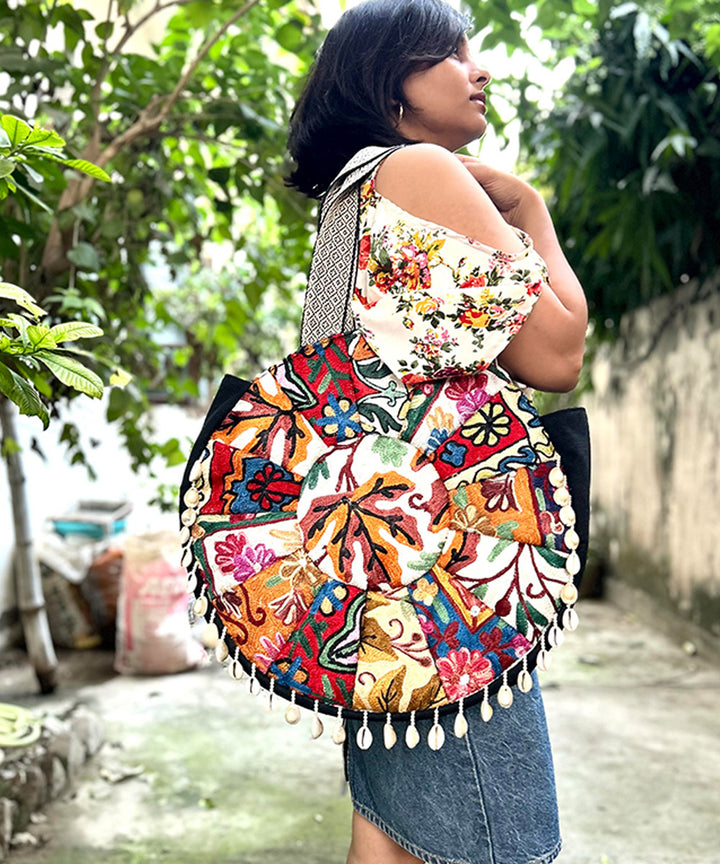 Black hand embroidered kashmiri canvas hand bag