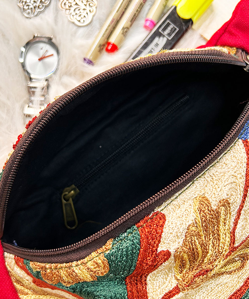 Red hand embroidered kashmiri canvas fanny bag