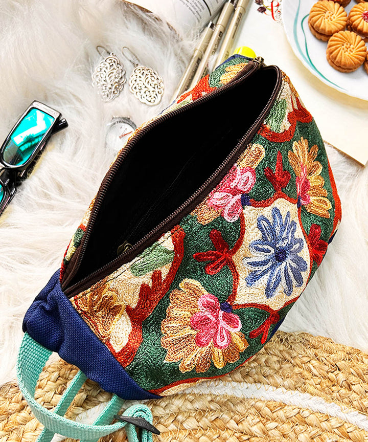 Navy blue embroidered kashmiri canvas fanny bag