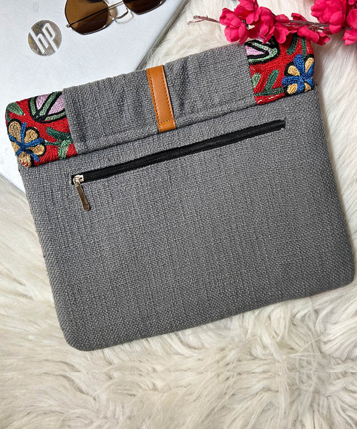 Grey hand embroidered kashmiri canvas laptop sleeves bag