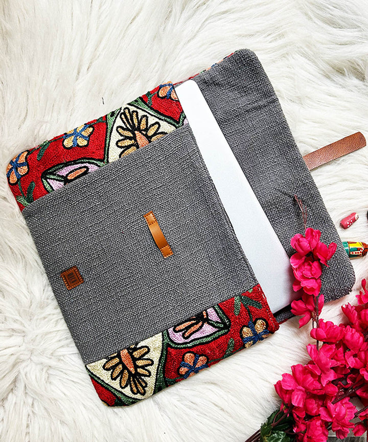 Grey hand embroidered kashmiri canvas laptop sleeves bag